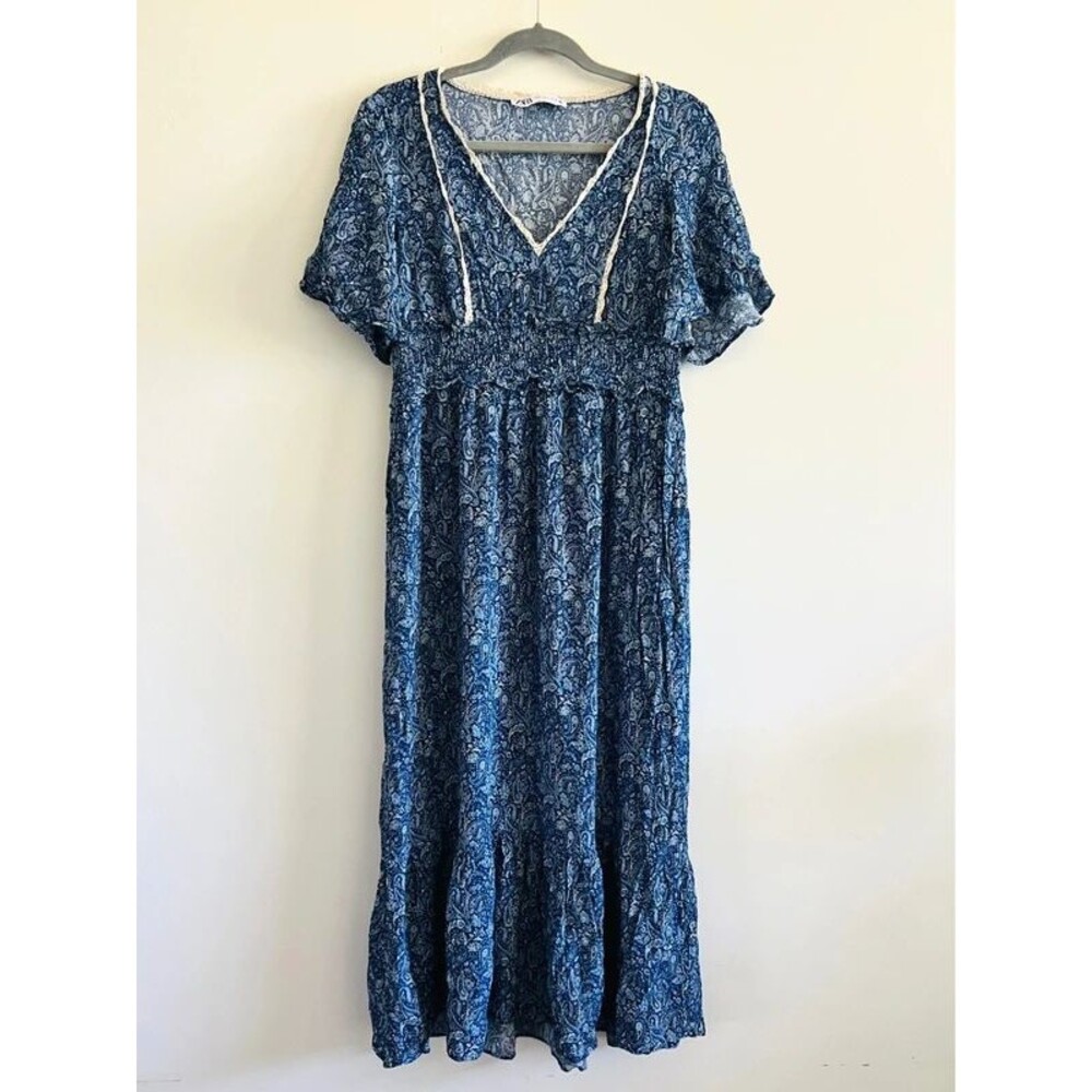 ZARA Blue Paisley Printed Midi Dress - S